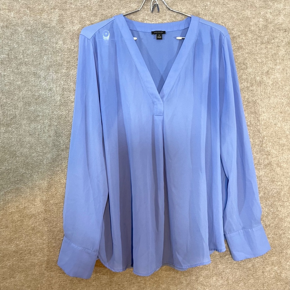 Ann Taylor Blouse Women XL Blue Long Sleeve V Neck Pleated Professional Career